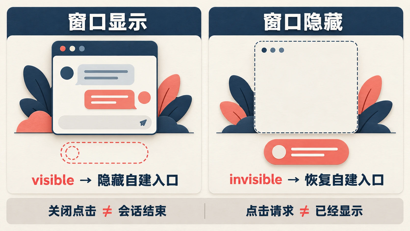 visible时隐藏自建入口、invisible时恢复入口的两列状态图